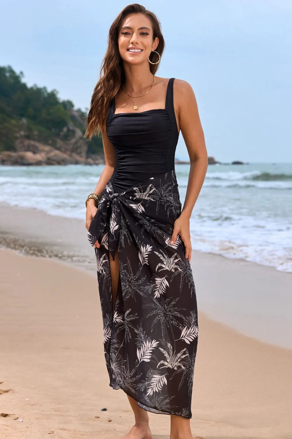Square Neck Printed One-Piece Swimwear & Cover-Up Set – Stylish, Comfortable, and Beach-Ready - Fashlot