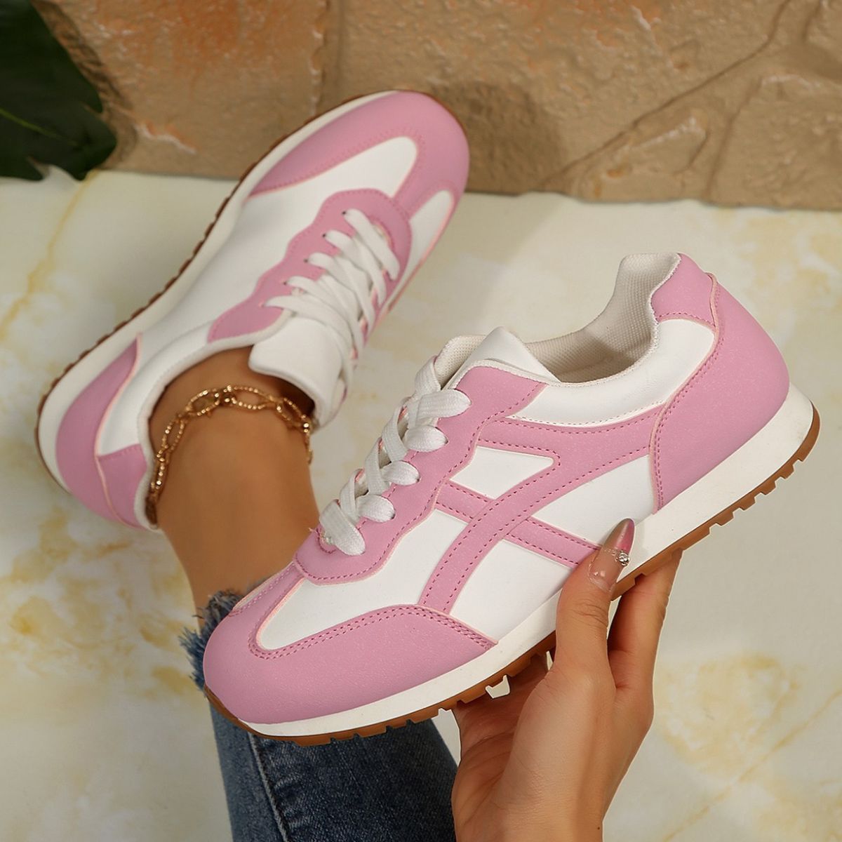 Women’s Contrast Lace-Up Round Toe Sneakers – Sporty, Stylish & Made for Daily Comfort - Fashlot