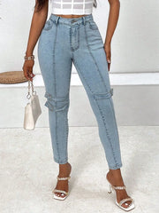 Women’s Decorative Buckle Skinny Jeans with Pockets – Stylish, Comfortable & Practical - Fashlot