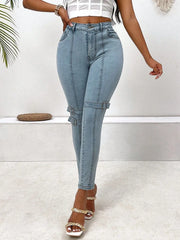Women’s Decorative Buckle Skinny Jeans with Pockets – Stylish, Comfortable & Practical - Fashlot