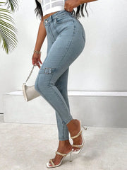 Women’s Decorative Buckle Skinny Jeans with Pockets – Stylish, Comfortable & Practical - Fashlot