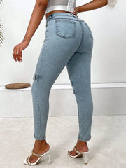 Women’s Decorative Buckle Skinny Jeans with Pockets – Stylish, Comfortable & Practical - Fashlot