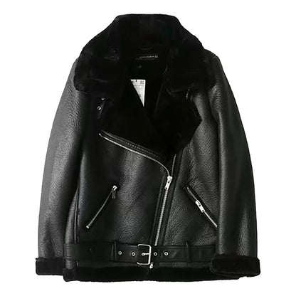 Women’s Thick Faux Leather Aviator Jacket – Sheepskin, Winter Outerwear - Fashlot