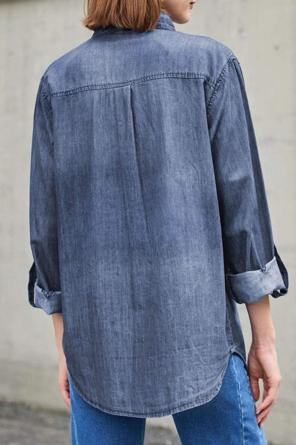 Pocketed Collared Neck Long Sleeve Denim Top for Women- Fashlot
