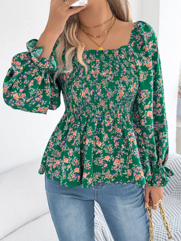 Floral Square Neck Flounce Sleeve Blouse – Feminine Style, Breezy Comfort, Everyday Elegance - Fashlot