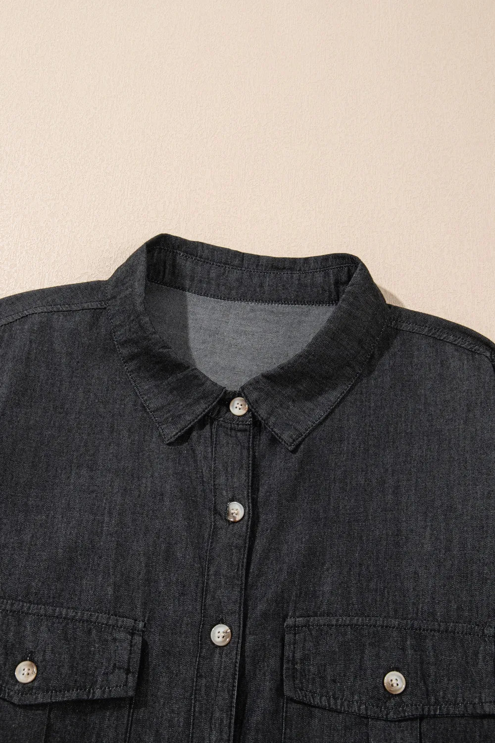 Pocketed Collared Neck Long Sleeve Denim Top for Women- Fashlot