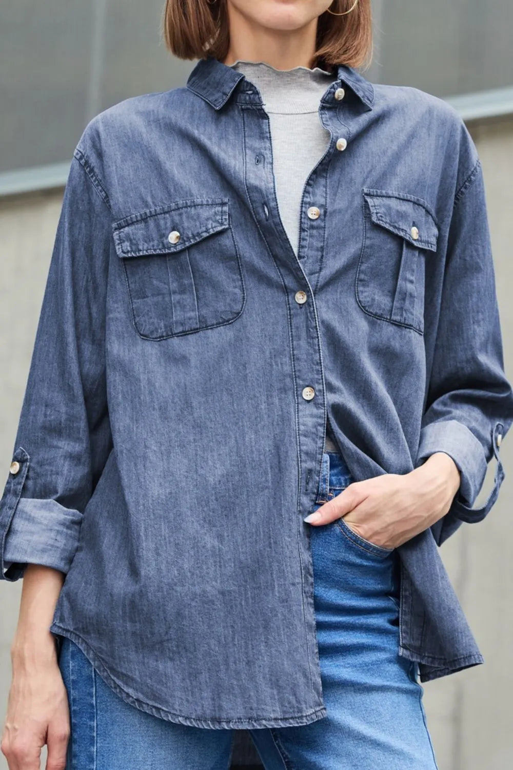 Pocketed Collared Neck Long Sleeve Denim Top for Women- Fashlot