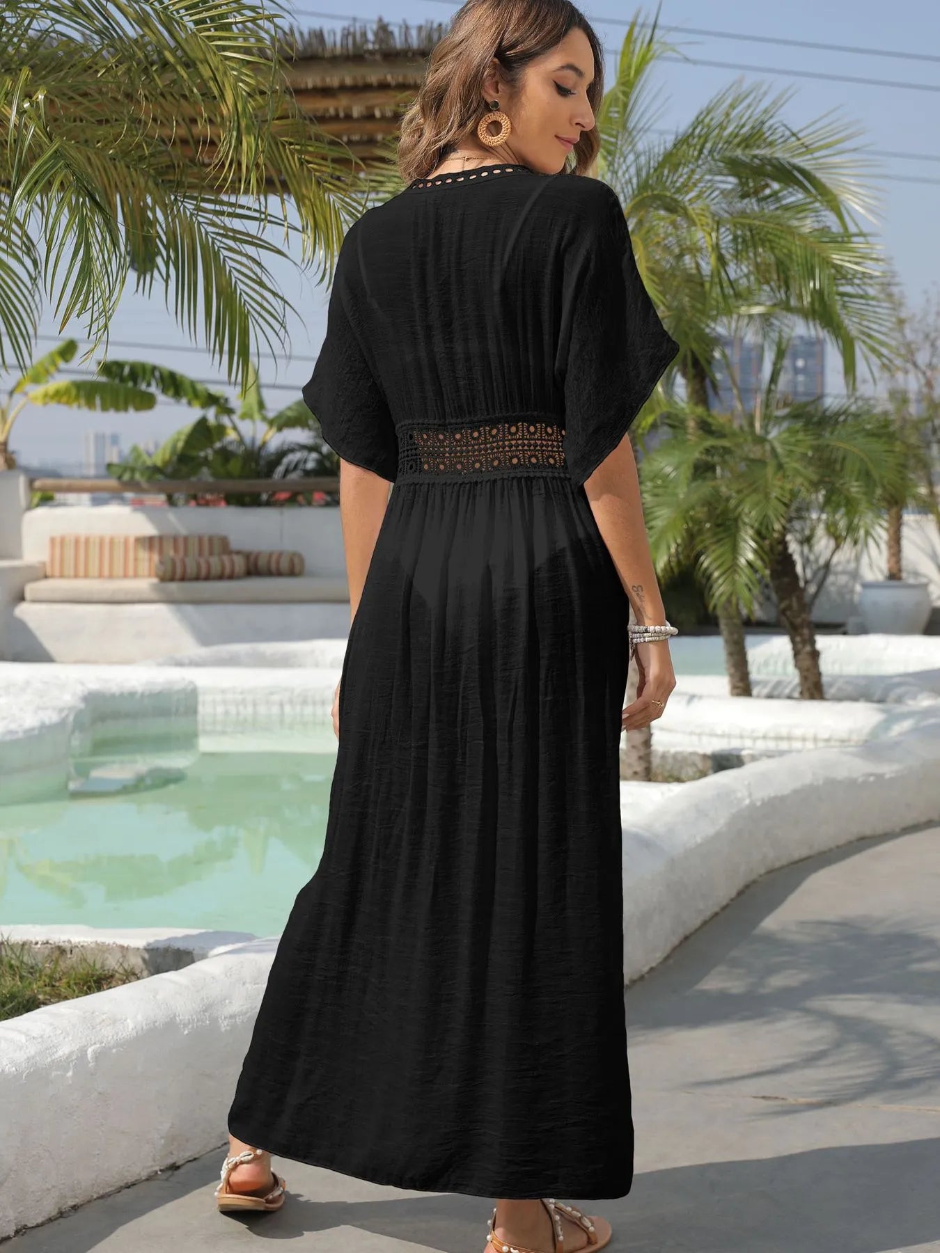 Lace Trim Plunging Maxi Dress Beach Cover Up - Fashlot