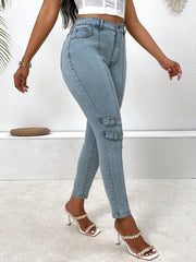 Women’s Decorative Buckle Skinny Jeans with Pockets – Stylish, Comfortable & Practical - Fashlot