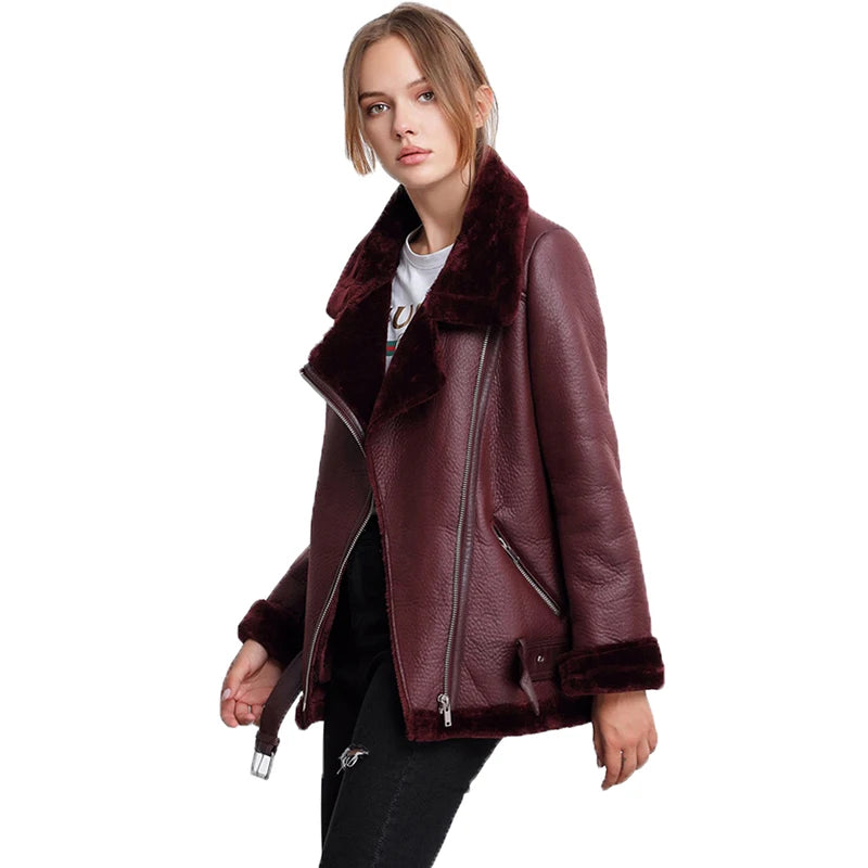 Women’s Thick Faux Leather Aviator Jacket – Sheepskin, Winter Outerwear - Fashlot