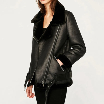 Women’s Thick Faux Leather Aviator Jacket – Sheepskin, Winter Outerwear - Fashlot