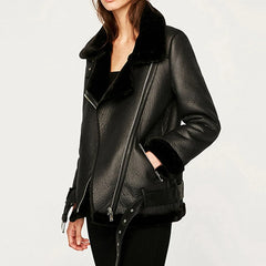 Thick Women's Sheepskin Faux Leather Aviator Outerwear Winter Coat Jacket - Fashlot