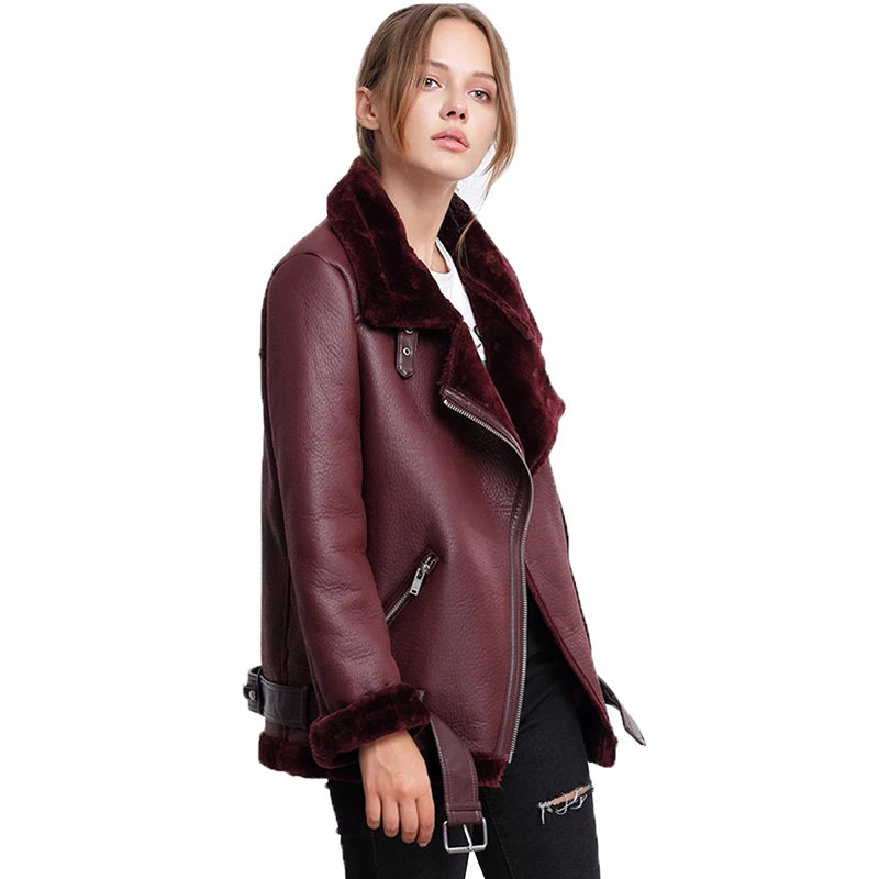 Women’s Thick Faux Leather Aviator Jacket – Sheepskin, Winter Outerwear - Fashlot