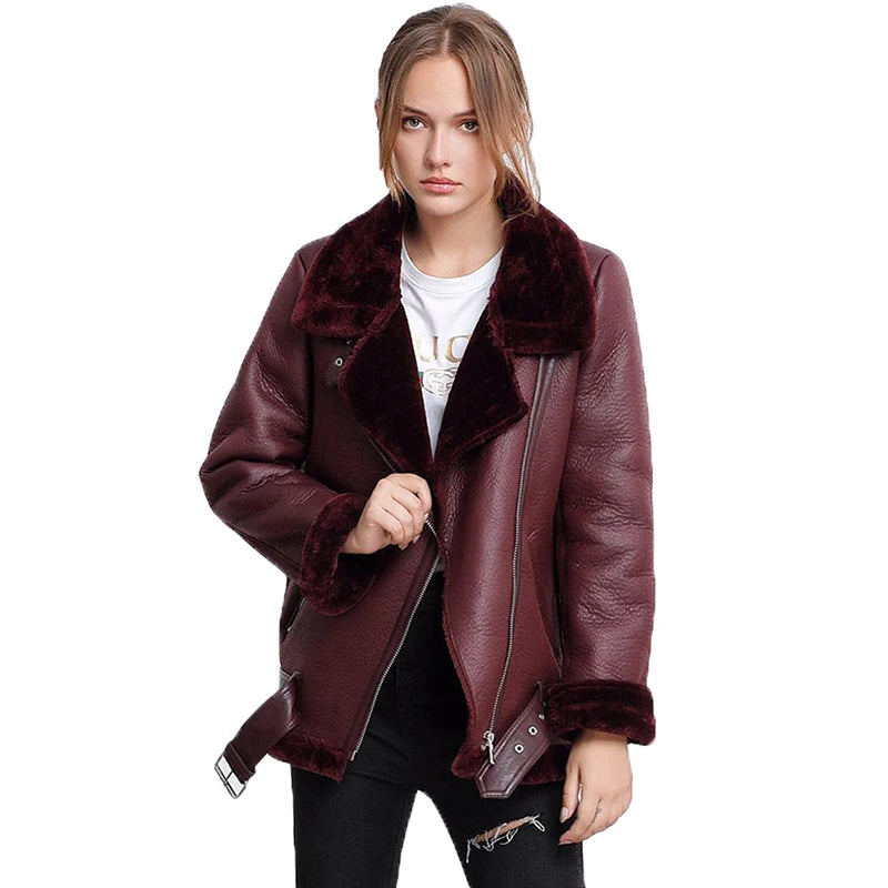 Women’s Thick Faux Leather Aviator Jacket – Sheepskin, Winter Outerwear - Fashlot