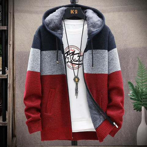 Casual Men's Warm Wool Autumn Winter Stylish Striped Fleece Cardigan Zipper Sweater - Fashlot