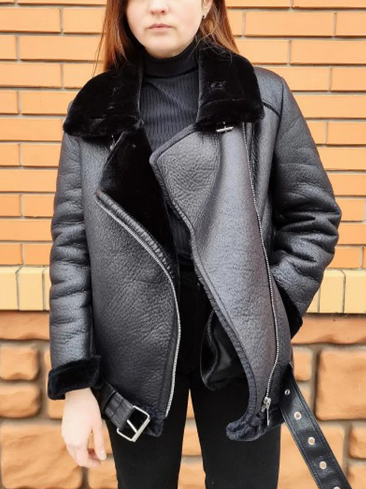 Women’s Thick Faux Leather Aviator Jacket – Sheepskin, Winter Outerwear - Fashlot