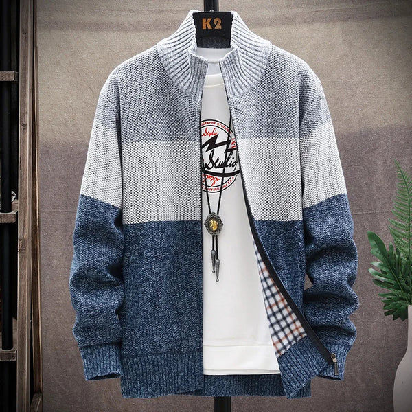 Casual Men's Warm Wool Autumn Winter Stylish Striped Fleece Cardigan Zipper Sweater - Fashlot