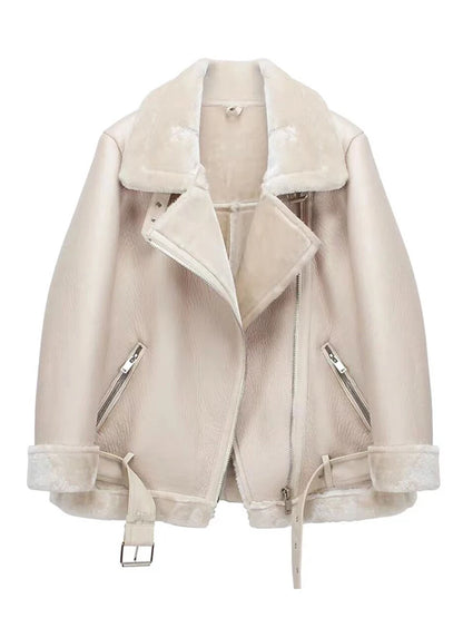 Women’s Thick Faux Leather Aviator Jacket – Sheepskin, Winter Outerwear - Fashlot