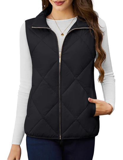 Women’s Lightweight Quilted Puffer Vest – Sleeveless, Stand Collar, Multi-Pocket - Fashlot