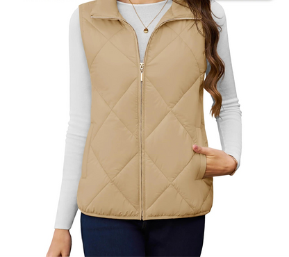 Women’s Lightweight Quilted Puffer Vest – Sleeveless, Stand Collar, Multi-Pocket - Fashlot