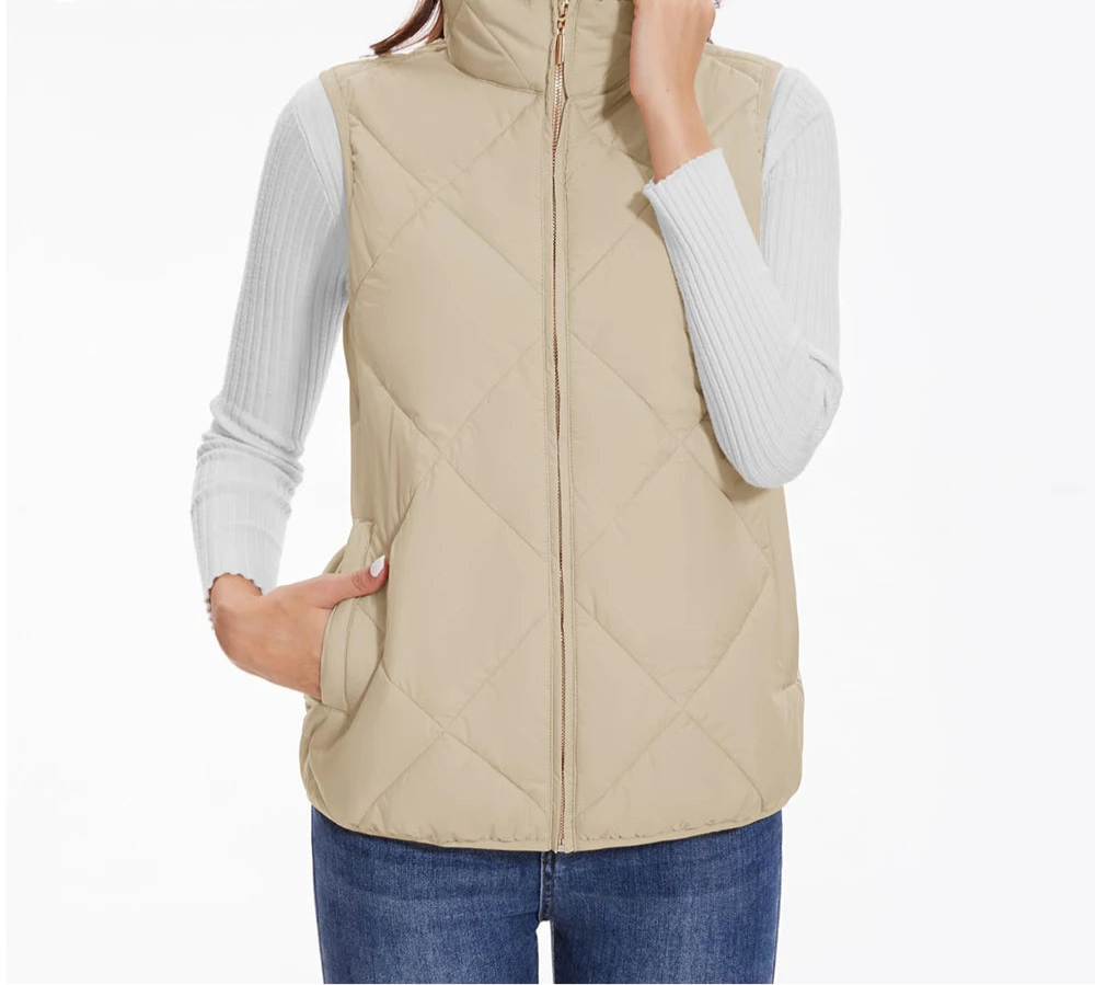 Women’s Lightweight Quilted Puffer Vest – Sleeveless, Stand Collar, Multi-Pocket - Fashlot