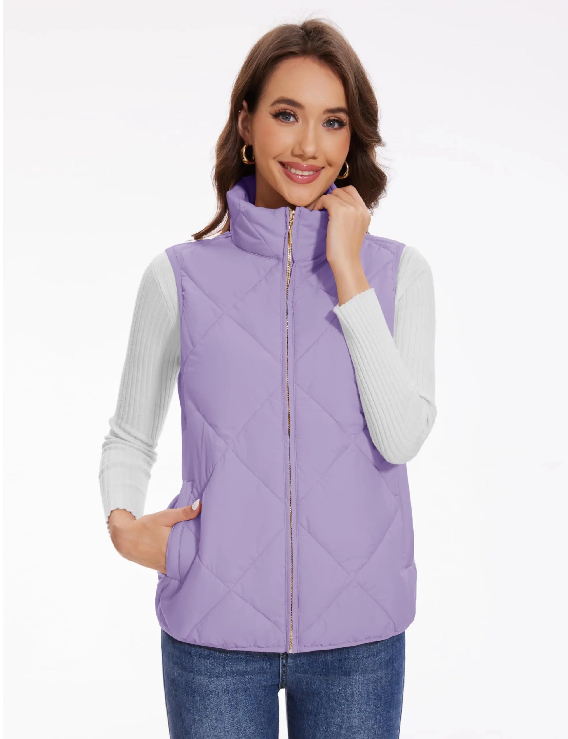 Women’s Lightweight Quilted Puffer Vest – Sleeveless, Stand Collar, Multi-Pocket - Fashlot