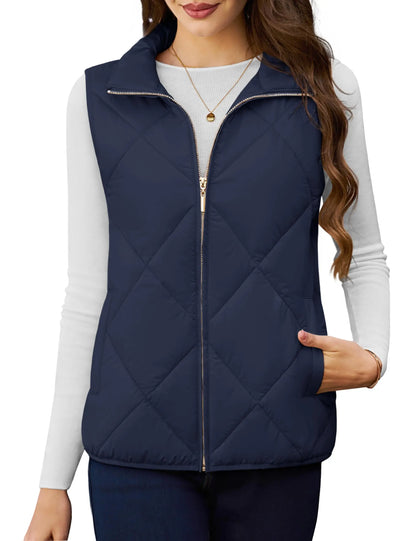 Women’s Lightweight Quilted Puffer Vest – Sleeveless, Stand Collar, Multi-Pocket - Fashlot