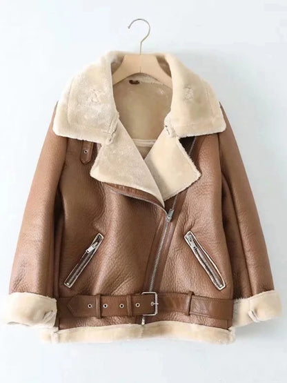 Women’s Thick Faux Leather Aviator Jacket – Sheepskin, Winter Outerwear - Fashlot