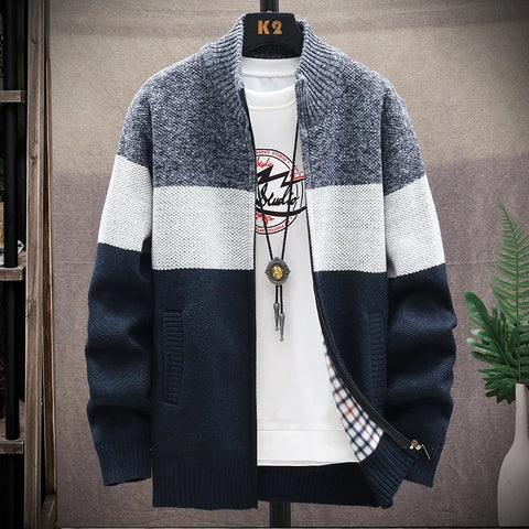 Casual Men's Warm Wool Autumn Winter Stylish Striped Fleece Cardigan Zipper Sweater - Fashlot