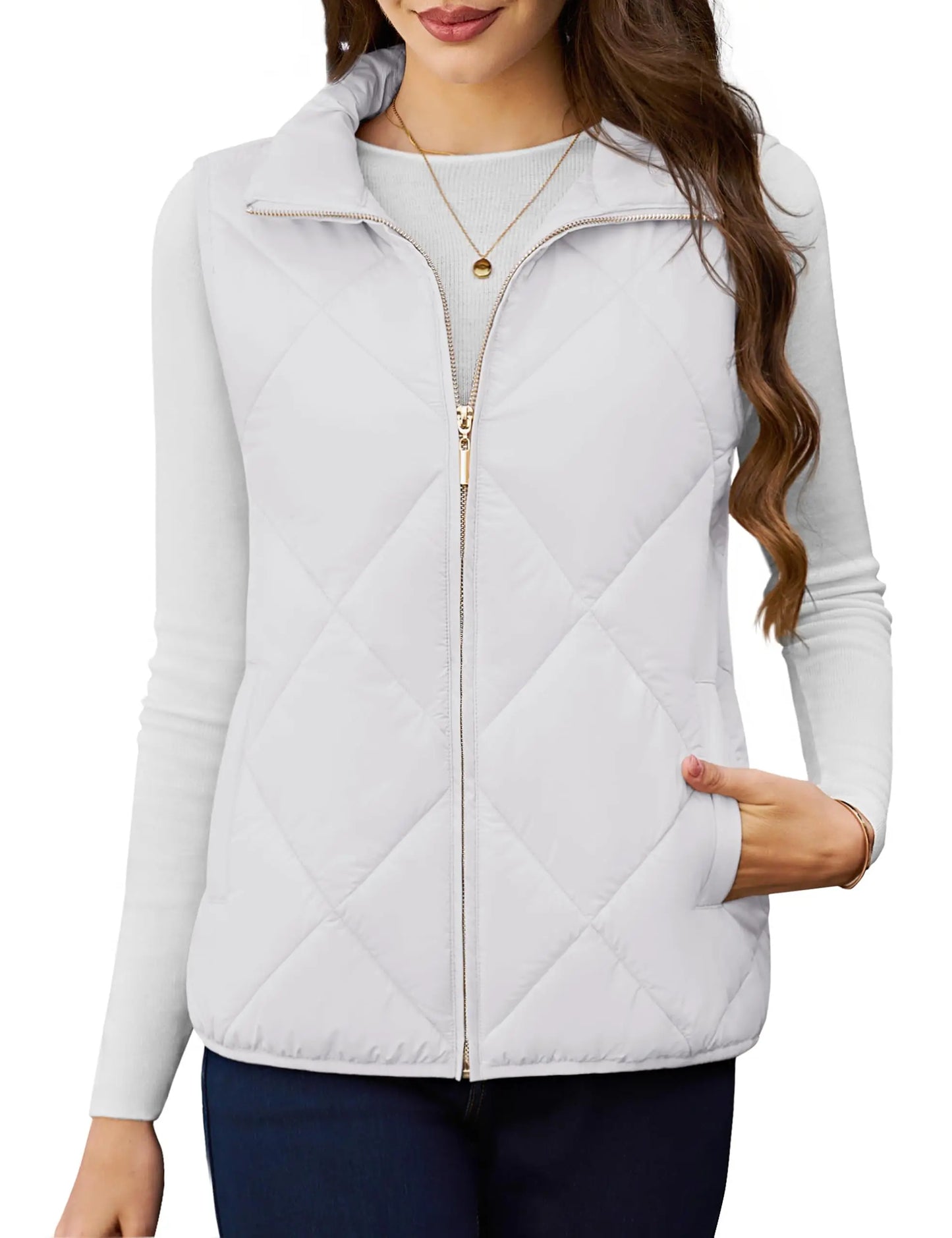 Women’s Lightweight Quilted Puffer Vest – Sleeveless, Stand Collar, Multi-Pocket - Fashlot