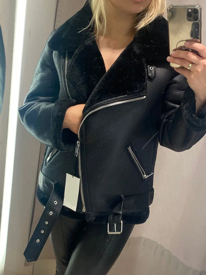 Women’s Thick Faux Leather Aviator Jacket – Sheepskin, Winter Outerwear - Fashlot