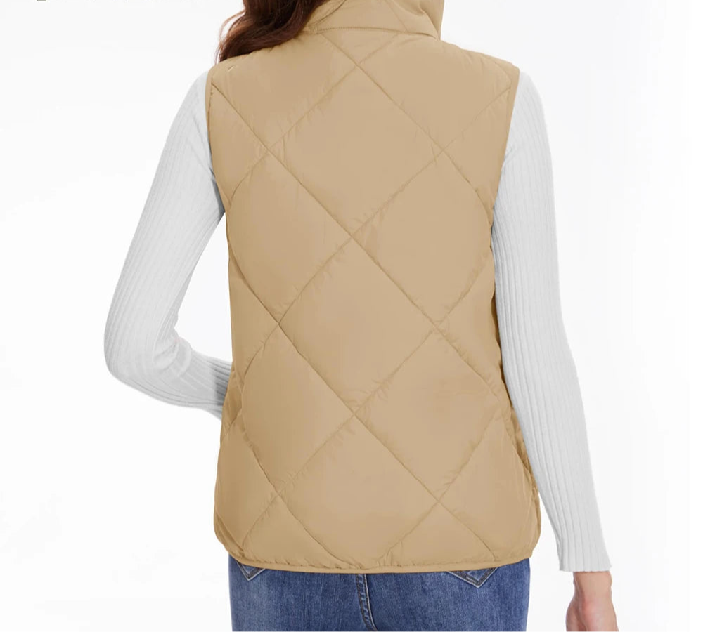 Women’s Lightweight Quilted Puffer Vest – Sleeveless, Stand Collar, Multi-Pocket - Fashlot