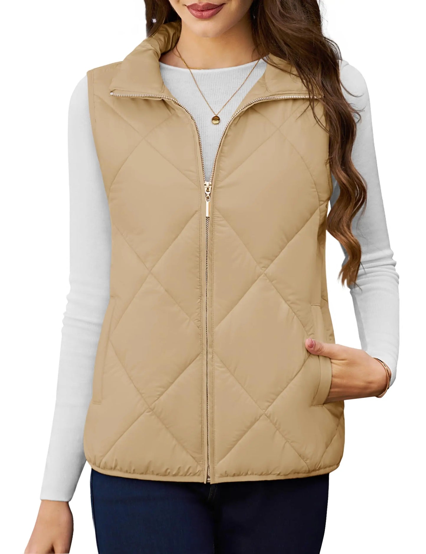 Women’s Lightweight Quilted Puffer Vest – Sleeveless, Stand Collar, Multi-Pocket - Fashlot