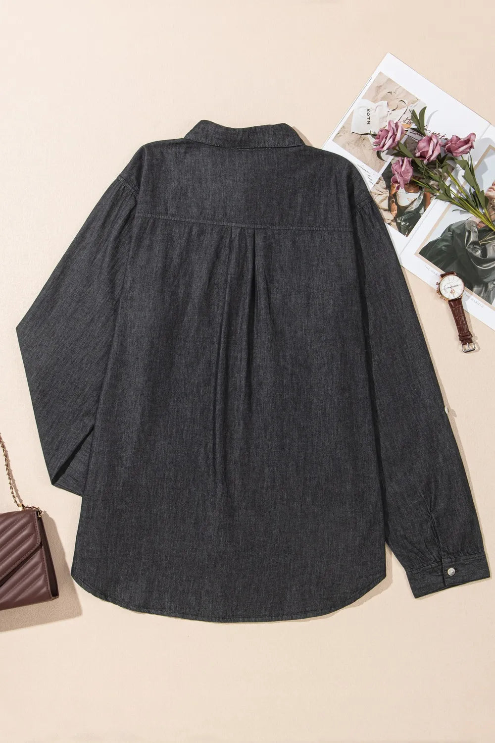Pocketed Collared Neck Long Sleeve Denim Top for Women- Fashlot