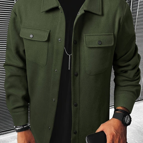 Casual Men’s Warm Autumn Fall Winter Flap Pocket Jacket Solid Color Fashionable Regular Fit Button Down Coat XS - XL - Fashlot