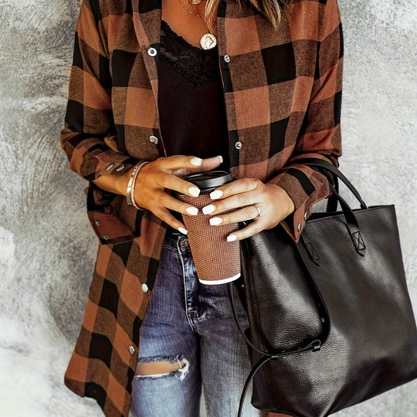 Elegant Plaid Print Button Down Casual Long Sleeve Spring  Fall Shirt For Women S - XXL S - Fashlot