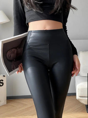 Women Autumn Winter Sexy Fleece Leather Leggings