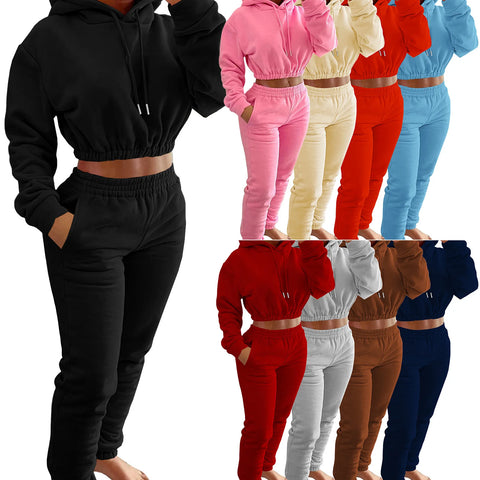 2-Piece Matching Women's Fashion Casual Solid Color Sweatpants + Hoodie Set Fall Winter Spring S-XXL - Fashlot 