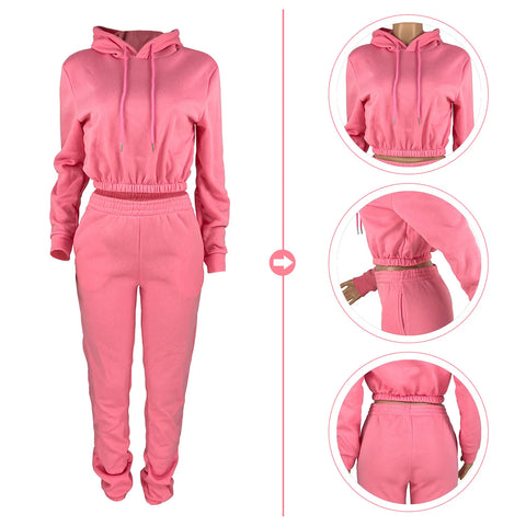 2-Piece Matching Women's Fashion Casual Solid Color Sweatpants + Hoodie Set Fall Winter Spring S-XXL - Fashlot 