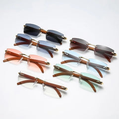 Women’s Comfortable Lightweight Rectangle Metal +Wood Rimless Lens UV400 Fashion Sunglasses - Fashlot 