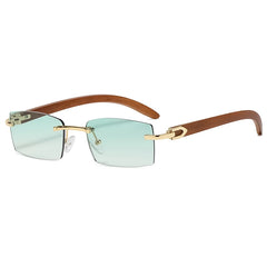 Women’s Comfortable Lightweight Rectangle Metal +Wood Rimless Lens UV400 Fashion Sunglasses - Fashlot 