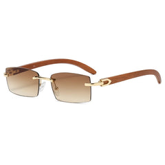 Women’s Comfortable Lightweight Rectangle Metal +Wood Rimless Lens UV400 Fashion Sunglasses - Fashlot 