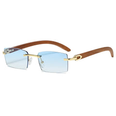 Women’s Comfortable Lightweight Rectangle Metal +Wood Rimless Lens UV400 Fashion Sunglasses - Fashlot 