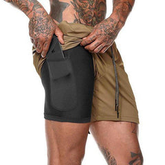 Men's Quick-Dry Modern Double Layer Fitness Workout Gym Leisure Running Training Outdoor Spring Summer Shorts With Multifunction Pockets - Fashlot 