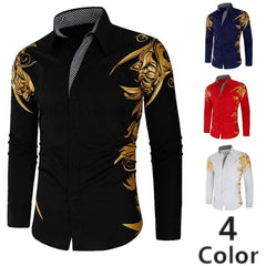 Comfortable Men's Cotton Casual Long Sleeve Dress Shirt With Gold Print