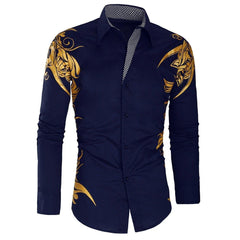 Comfortable Men's Cotton Casual Long Sleeve Dress Shirt With Gold Print