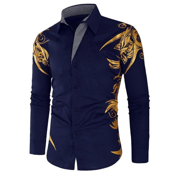 Comfortable Men's Cotton Casual Long Sleeve Dress Shirt With Gold Print