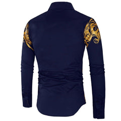 Comfortable Men's Cotton Casual Long Sleeve Dress Shirt With Gold Print