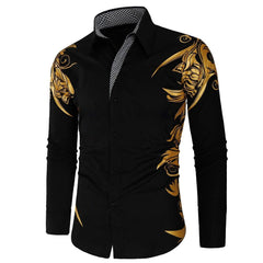 Comfortable Men's Cotton Casual Long Sleeve Dress Shirt With Gold Print