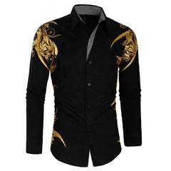 Comfortable Men's Cotton Casual Long Sleeve Dress Shirt With Gold Print